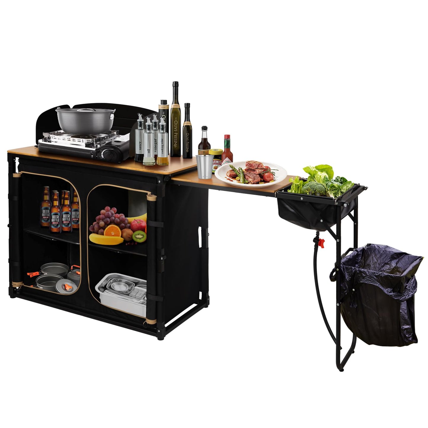 KingCamp Bamboo Camp Kitchen Station, Folding Overland Camping Kitchen Table Hooks Portable Outdoor Cooking with Adjustable Lantern Pole & Windshield Storage Organizer for Tailgating BBQ Picnic RV