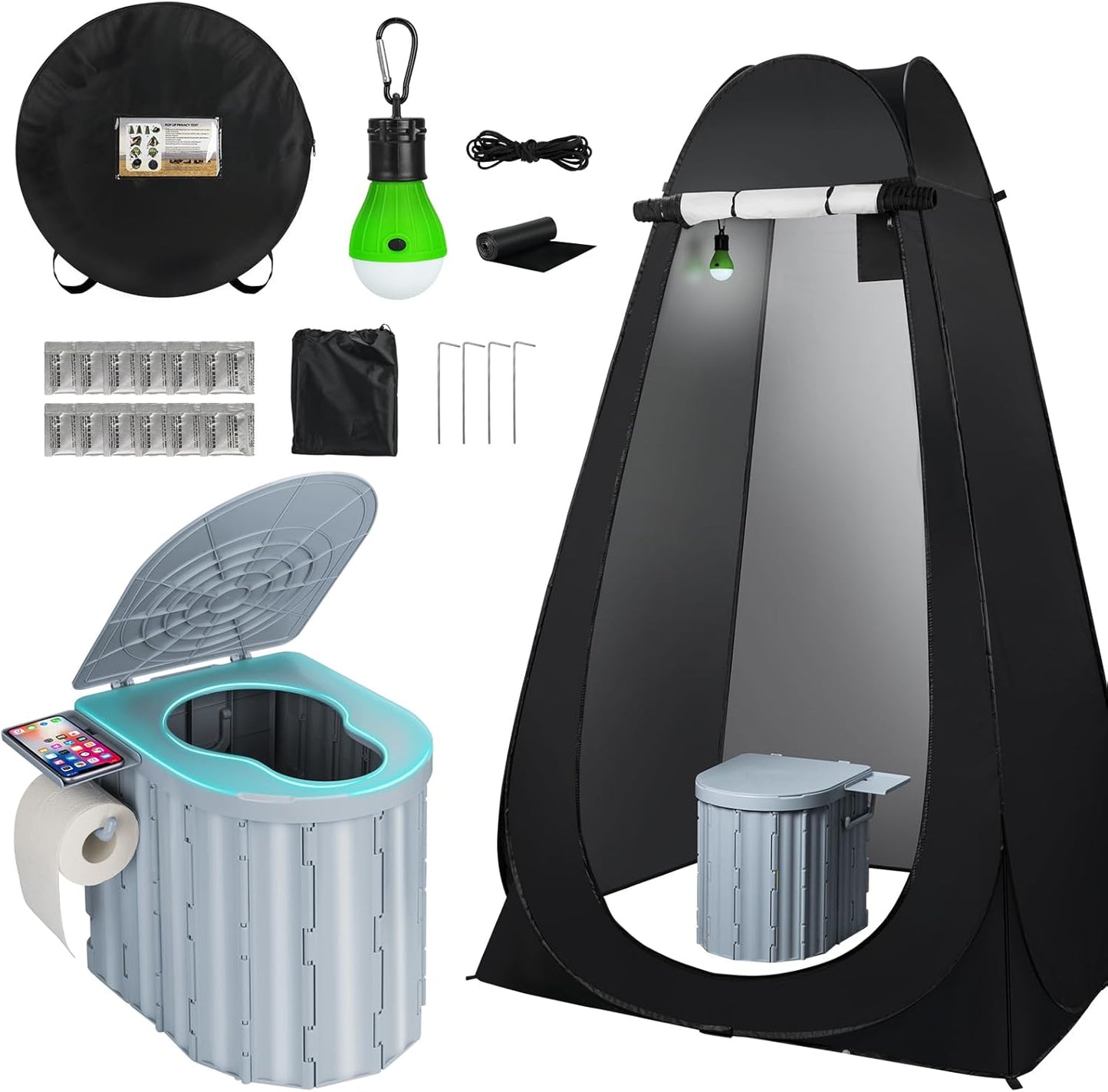 Portable Camping Toilet with Pop-Up Privacy Tent, 12-inch Toilet Seat, Outdoor Portable Folding Toilet Potty for Adults Load Capacity of 400 Lbs, LED-Light Camping Bathroom