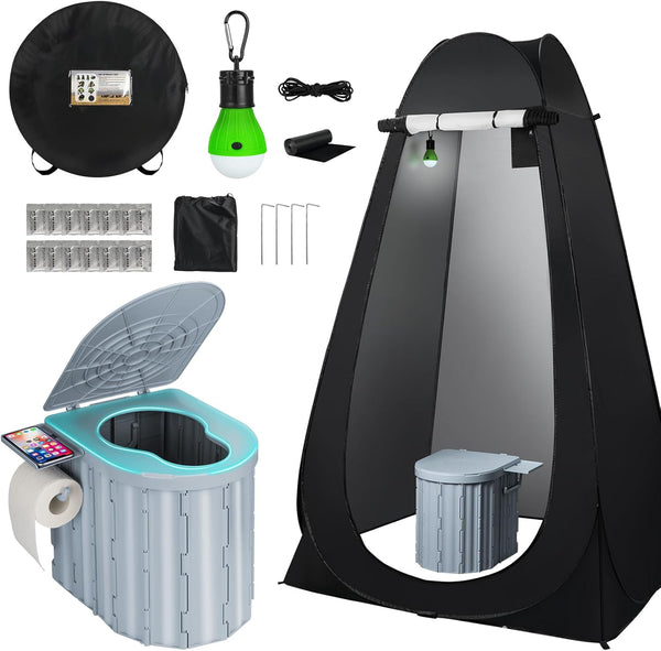 Portable Camping Toilet with Pop-Up Privacy Tent, 12-inch Toilet Seat, Outdoor Portable Folding Toilet Potty for Adults Load Capacity of 400 Lbs, LED-Light Camping Bathroom