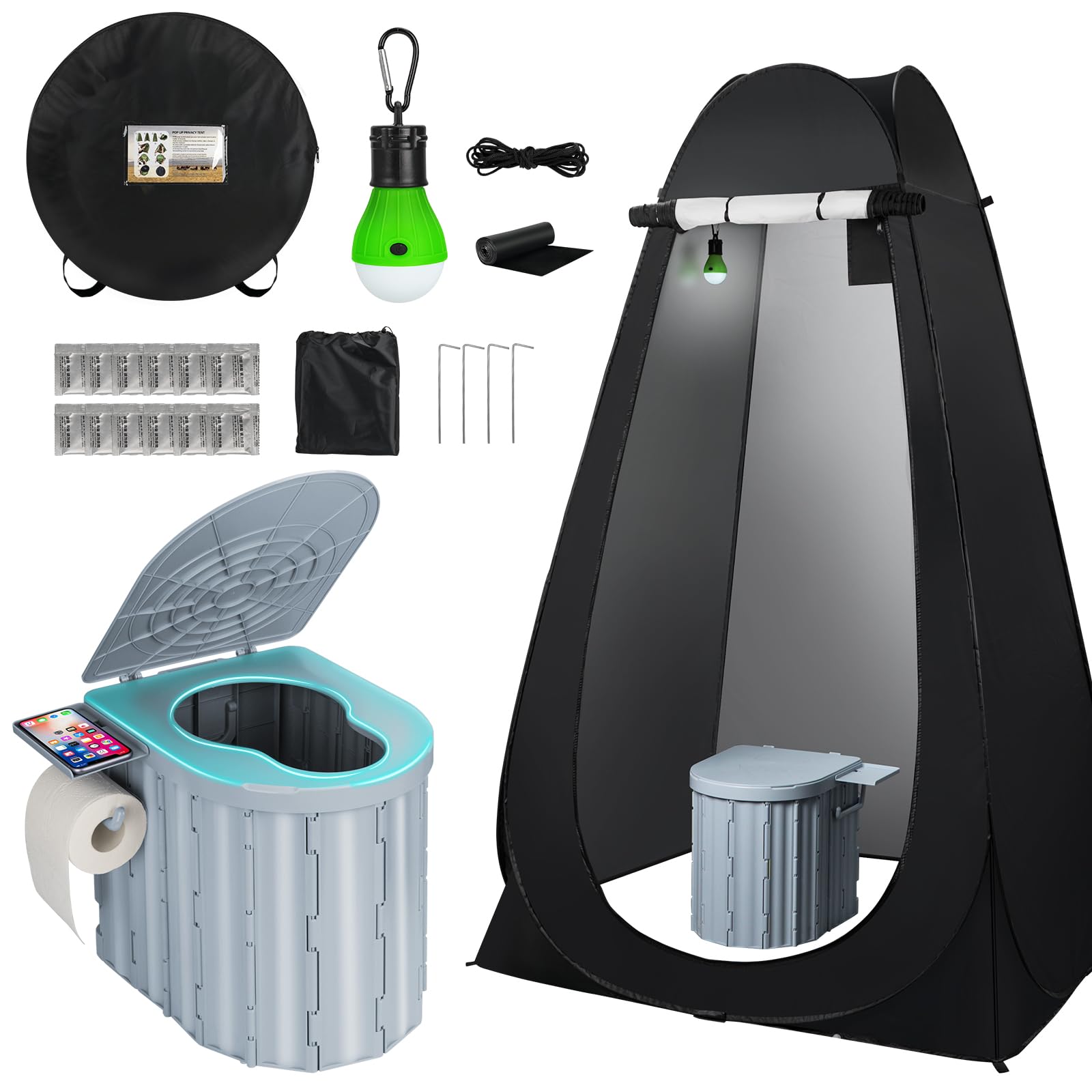 Portable Camping Toilet with Pop-Up Privacy Tent, 12-inch Toilet Seat, Outdoor Portable Folding Toilet Potty for Adults Load Capacity of 400 Lbs, LED-Light Camping Bathroom
