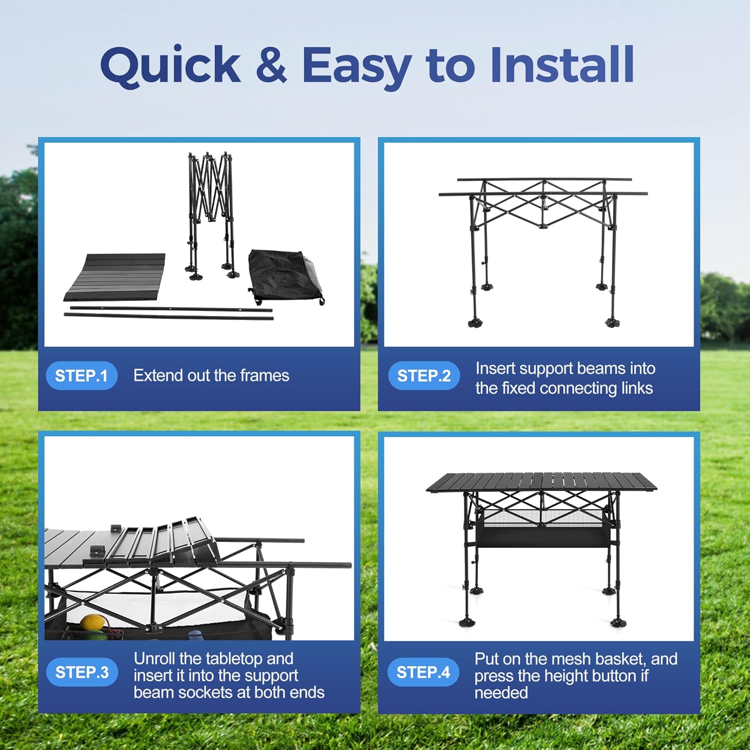 ALPHA CAMP Camping Table Outdoor Portable Table with Storage Adjustable Aluminum Table for Grill Travel Table Outdoor Picnic,Beach,BBQ,Backyards