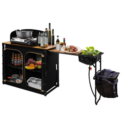 KingCamp Bamboo Camp Kitchen Station, Folding Overland Camping Kitchen Table Hooks Portable Outdoor Cooking with Adjustable Lantern Pole & Windshield Storage Organizer for Tailgating BBQ Picnic RV