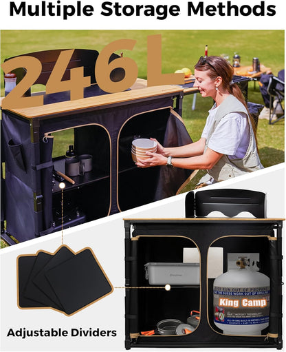 KingCamp Bamboo Camp Kitchen Station, Folding Overland Camping Kitchen Table Hooks Portable Outdoor Cooking with Adjustable Lantern Pole & Windshield Storage Organizer for Tailgating BBQ Picnic RV