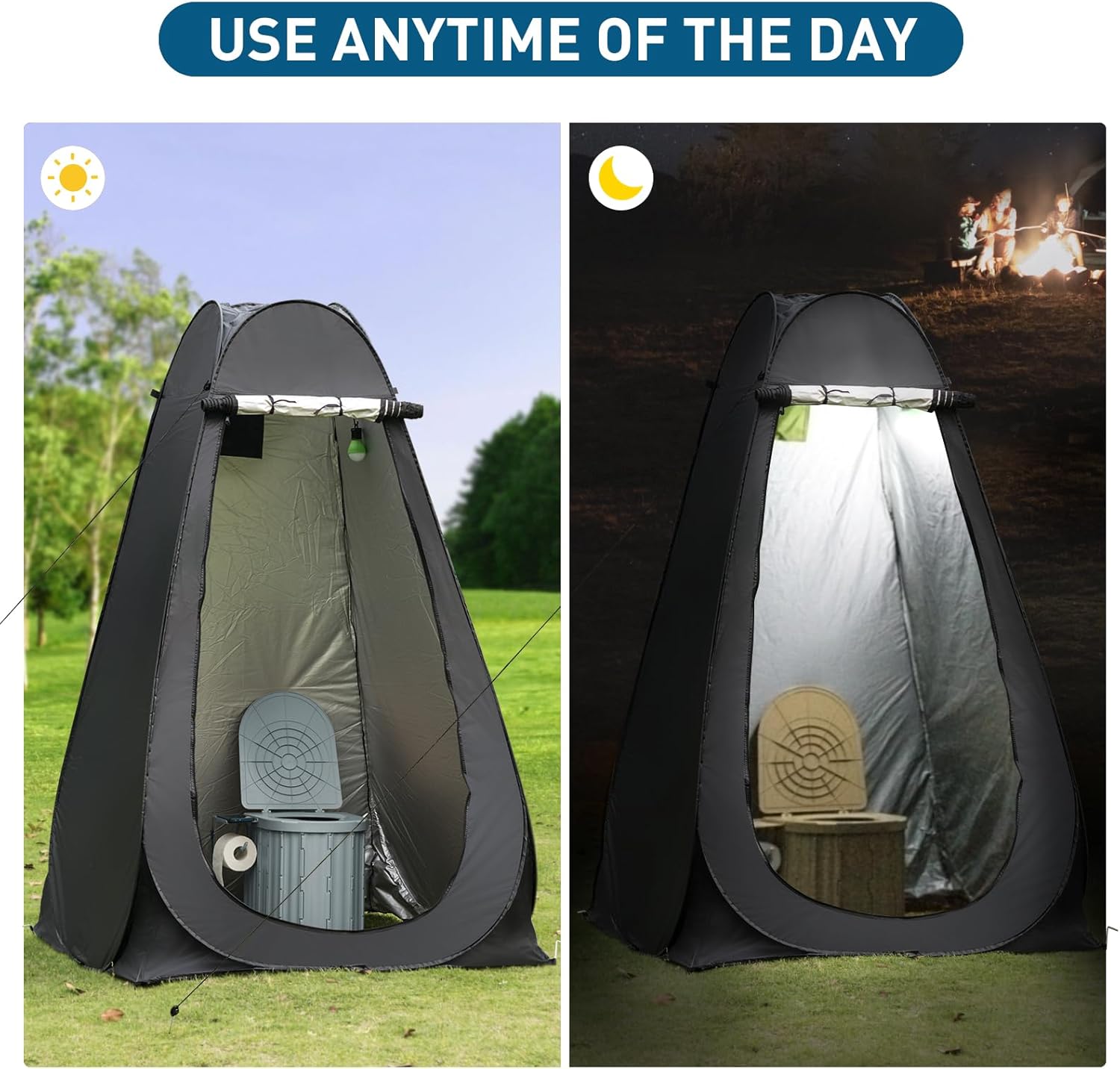 Portable Camping Toilet with Pop-Up Privacy Tent, 12-inch Toilet Seat, Outdoor Portable Folding Toilet Potty for Adults Load Capacity of 400 Lbs, LED-Light Camping Bathroom