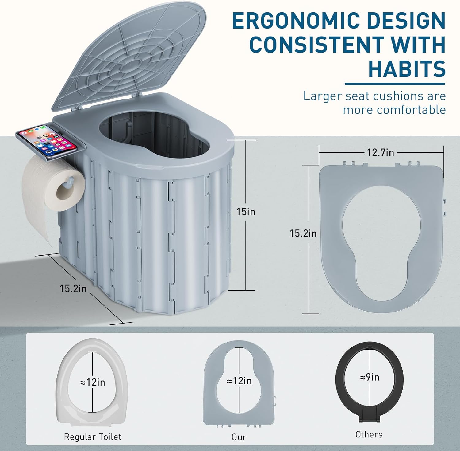 Portable Camping Toilet with Pop-Up Privacy Tent, 12-inch Toilet Seat, Outdoor Portable Folding Toilet Potty for Adults Load Capacity of 400 Lbs, LED-Light Camping Bathroom