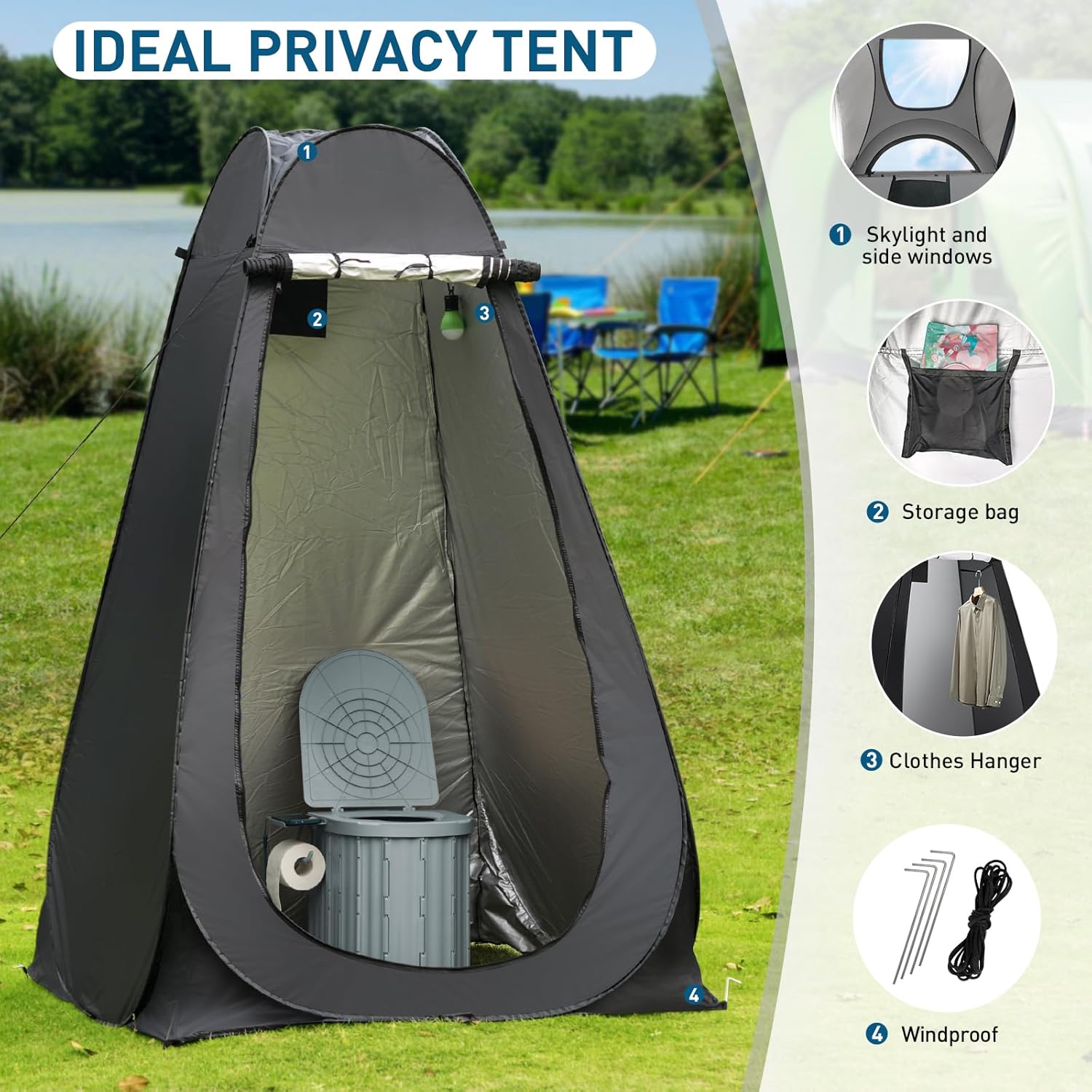 Portable Camping Toilet with Pop-Up Privacy Tent, 12-inch Toilet Seat, Outdoor Portable Folding Toilet Potty for Adults Load Capacity of 400 Lbs, LED-Light Camping Bathroom