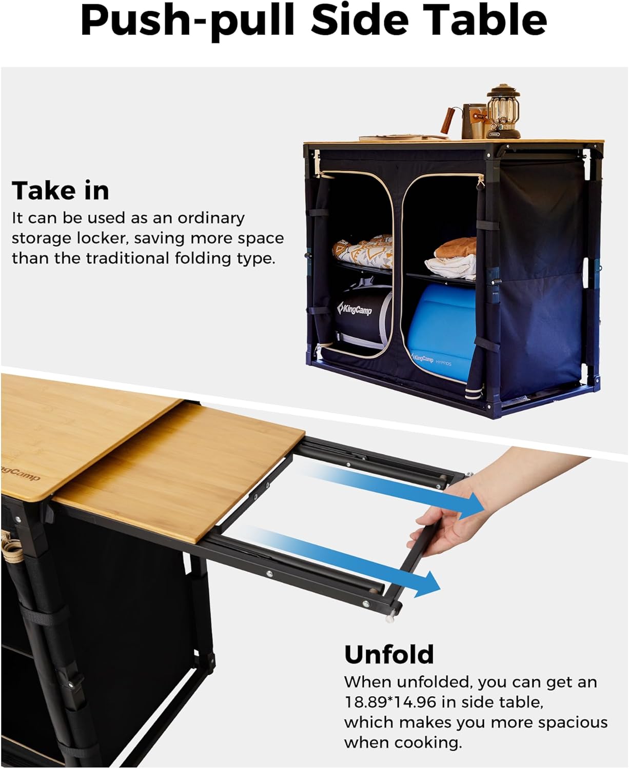 KingCamp Bamboo Camp Kitchen Station, Folding Overland Camping Kitchen Table Hooks Portable Outdoor Cooking with Adjustable Lantern Pole & Windshield Storage Organizer for Tailgating BBQ Picnic RV