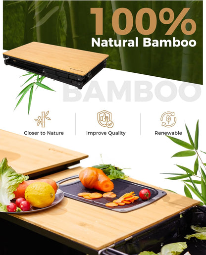 KingCamp Bamboo Camp Kitchen Station, Folding Overland Camping Kitchen Table Hooks Portable Outdoor Cooking with Adjustable Lantern Pole & Windshield Storage Organizer for Tailgating BBQ Picnic RV