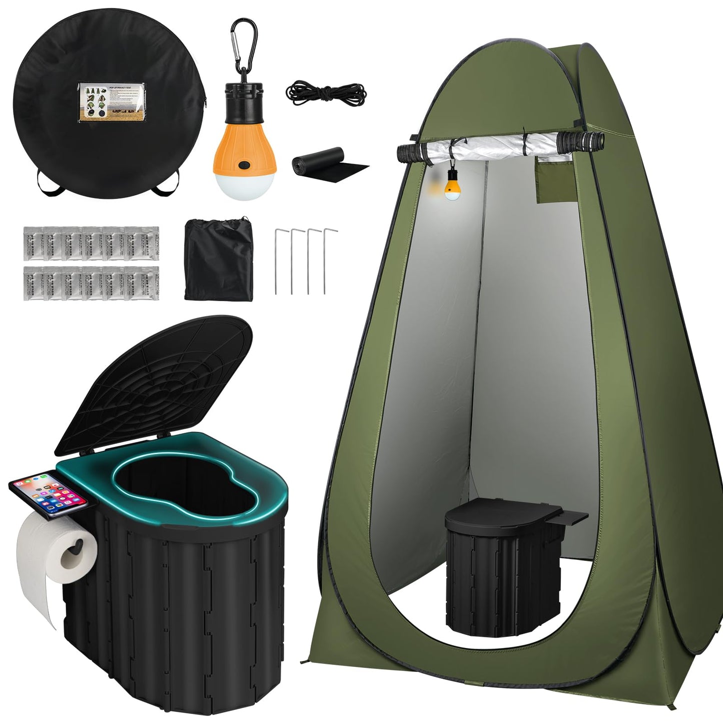 Portable Camping Toilet with Pop-Up Privacy Tent, 12-inch Toilet Seat, Outdoor Portable Folding Toilet Potty for Adults Load Capacity of 400 Lbs, LED-Light Camping Bathroom
