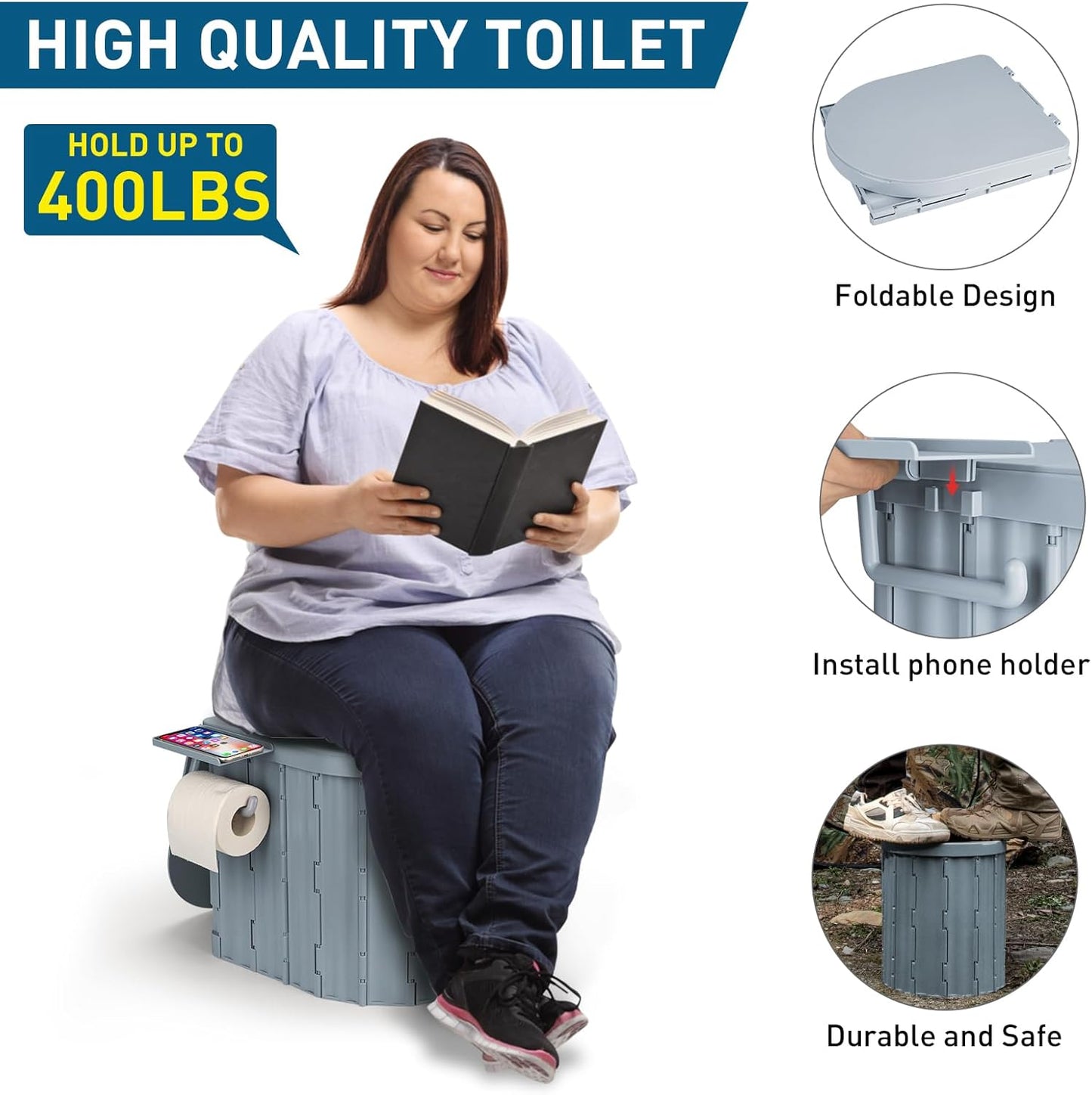 Portable Camping Toilet with Pop-Up Privacy Tent, 12-inch Toilet Seat, Outdoor Portable Folding Toilet Potty for Adults Load Capacity of 400 Lbs, LED-Light Camping Bathroom