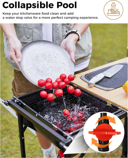 KingCamp Bamboo Camp Kitchen Station, Folding Overland Camping Kitchen Table Hooks Portable Outdoor Cooking with Adjustable Lantern Pole & Windshield Storage Organizer for Tailgating BBQ Picnic RV