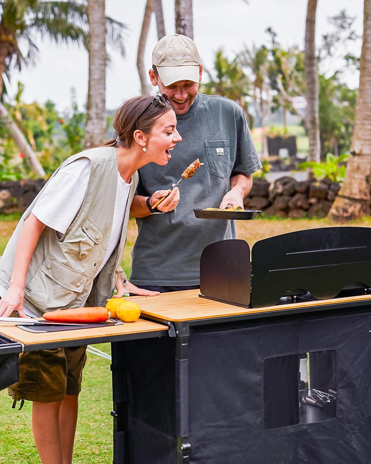 KingCamp Bamboo Camp Kitchen Station, Folding Overland Camping Kitchen Table Hooks Portable Outdoor Cooking with Adjustable Lantern Pole & Windshield Storage Organizer for Tailgating BBQ Picnic RV