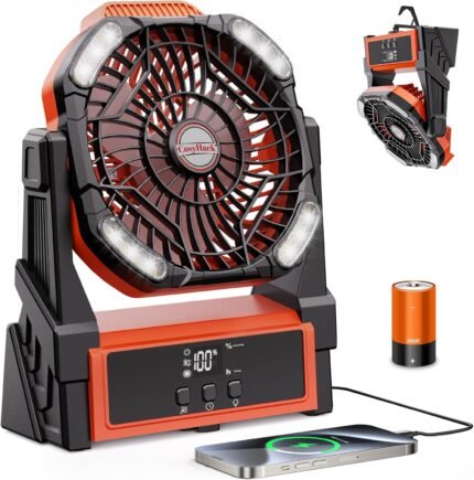Camping Fan Rechargeable, Battery Powered Fan with Lights, Outdoor Beach Tent Fans